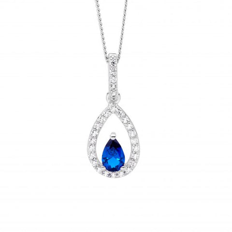 Sterling Silver Open Pear Pendant With Dark Blue Pear Cut Centre Cubic Zirconia