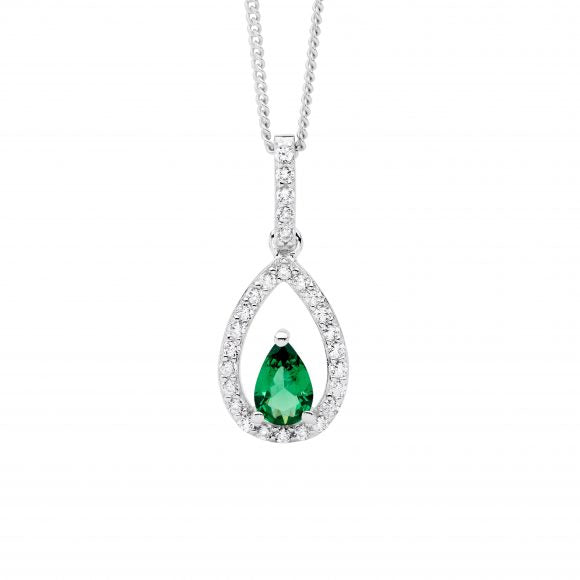 Sterling Silver Open Pear Pendant With Green Pear Cut Centre Cubic Zirconia