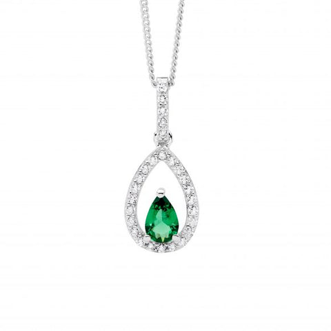 Sterling Silver Open Pear Pendant With Green Pear Cut Centre Cubic Zirconia