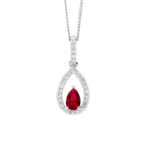 Sterling Silver Open Pear Pendant With Red Pear Cut Centre Cubic Zirconia