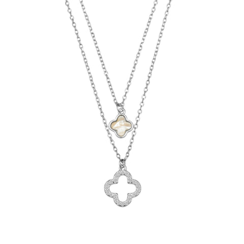 Sterling Silver Double Layered Flower Necklace With Mother Of Pearl And Cubic Zirconia