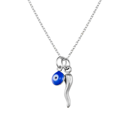 Sterling Silver “Cornicello” Horn And Glass Evil Eye Pendant Necklace