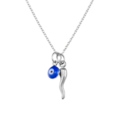 Sterling Silver “Cornicello” Horn And Glass Evil Eye Pendant Necklace