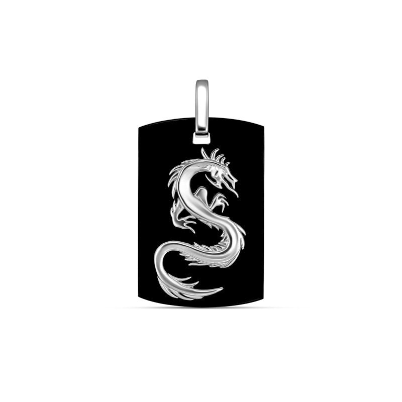 Sterling Silver Dragon Dog Tag With Black Onyx Backing