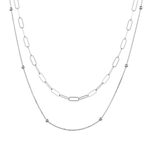 Sterling Silver Tiered Double Necklace – Paperclip Link And Fine Chain With Ball Detail