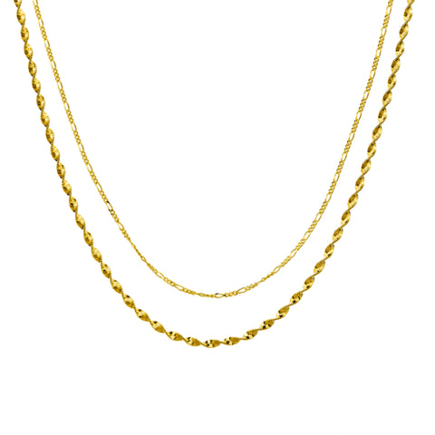 Sterling Silver Gold Plated Tiered Double Necklace – Singapore Twist and Figaro Chain