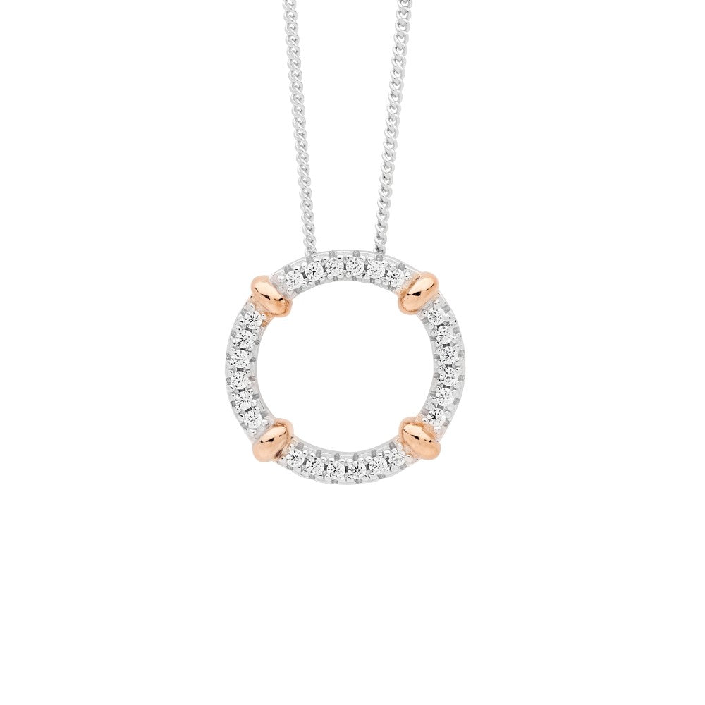 Sterling Silver Rose 2Tone Cubic Zirconia Circle Pendant