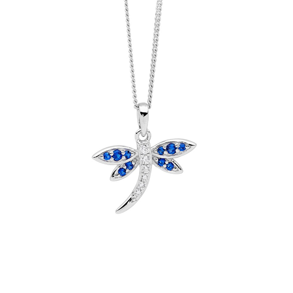 Sterling Silver Dark Blue Cubic Zirconia Dragonfly Pendant