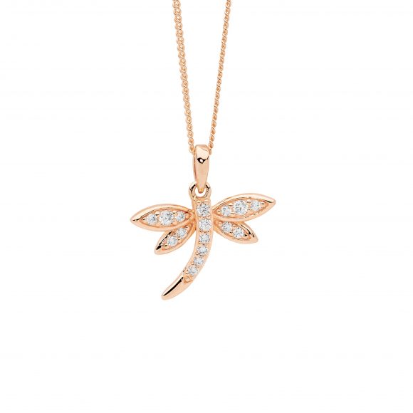 Sterling Silver Rose Gold Plated Cubic Zirconia Dragonfly Pendant On A Chain