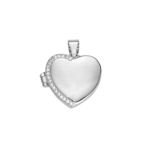 Sterling Silver Half-Trim Cubic Zirconia Heart Locket Pendant