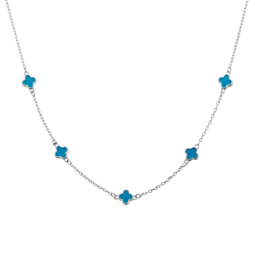 Sterling Silver Fine Necklace With Blue Petite Multi-Flowers