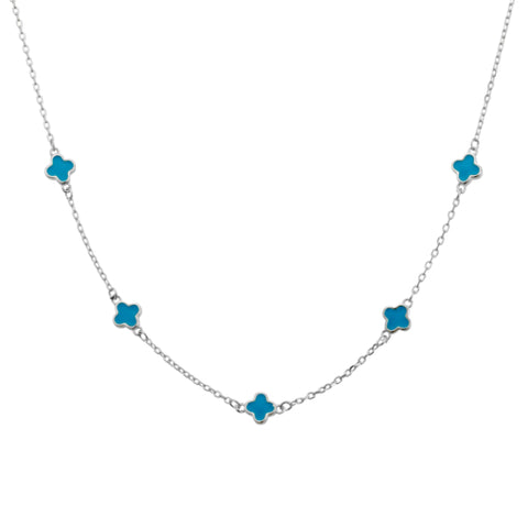 Sterling Silver Fine Necklace With Blue Petite Multi-Flowers