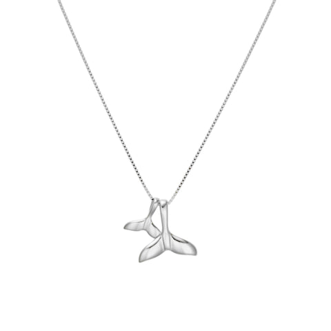 Sterling Silver Fine Box Chain Necklace Double Whale Tail Pendant