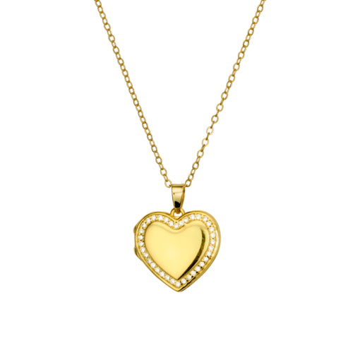 Sterling Silver Gold Plated Necklace With Cuic Zirconia Trim Heart Locket Pendant