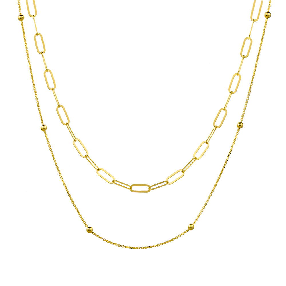Sterling Silver Gold Plated Tiered Double Necklace – Paperclip Link And Fine Chain With Ball Detail