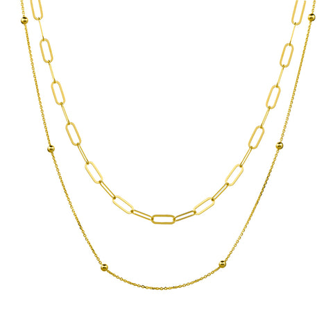 Sterling Silver Gold Plated Tiered Double Necklace – Paperclip Link And Fine Chain With Ball Detail