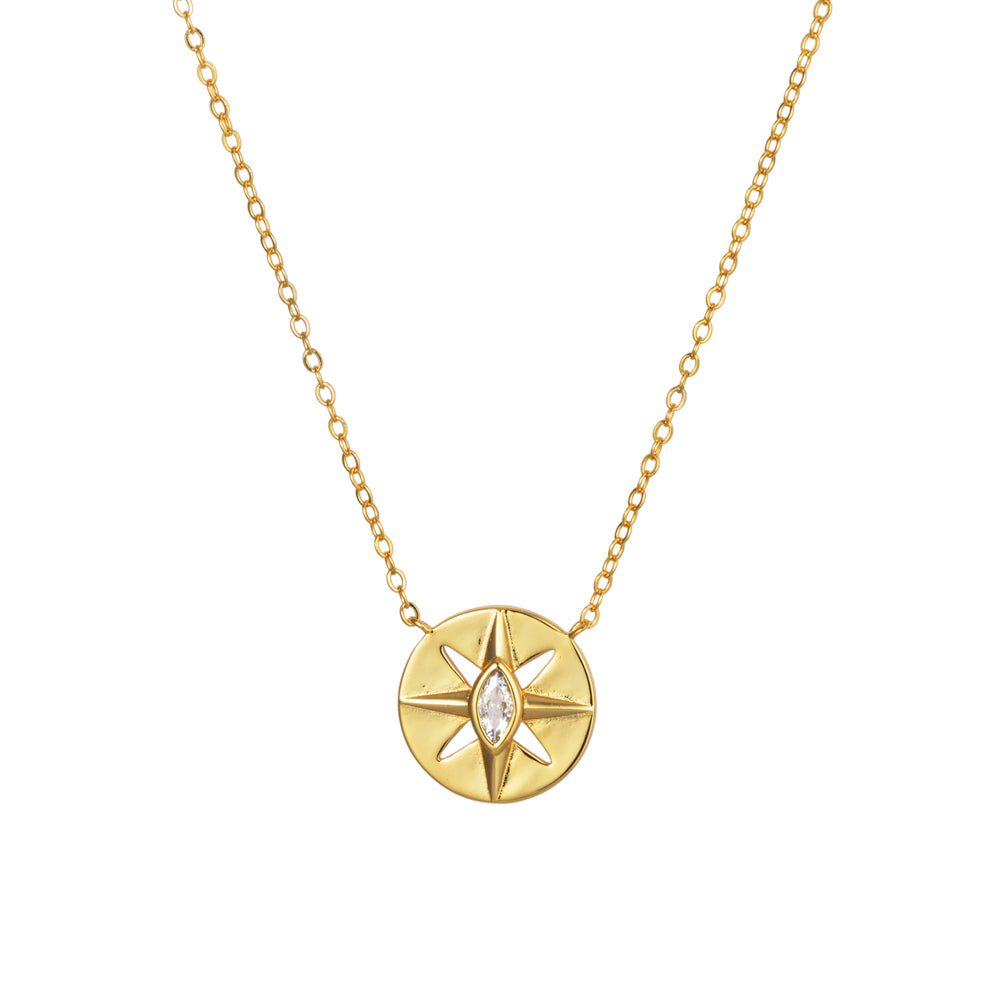 Sterling Silver Gold Plated Cubic Zirconia Geometric Cut-Out Sun Disc Pendant Necklace
