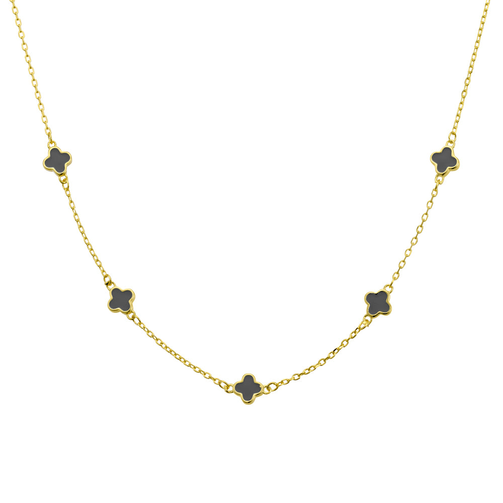Sterling Silver Gold Plated Fine Necklace With Black Petite Multi-Flowers