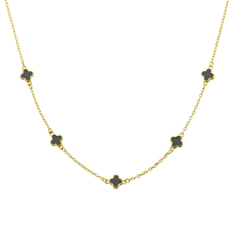 Sterling Silver Gold Plated Fine Necklace With Black Petite Multi-Flowers