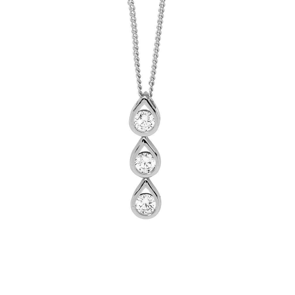 Sterling Silver Rhodium Plated 3 Cubic Zirconias Tear Drop Pendant