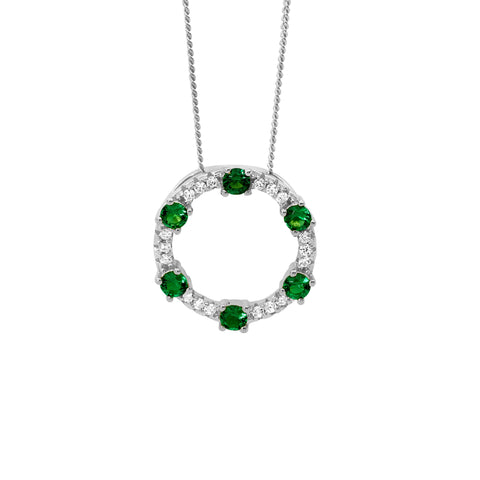 Sterling Silver Rhodium Plated White and Green Cubic Zirconia Circle Pendant