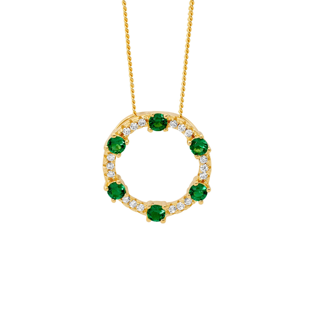 Sterling Silver Gold Plated White And Green Cubic Zirconia Circle Pendant
