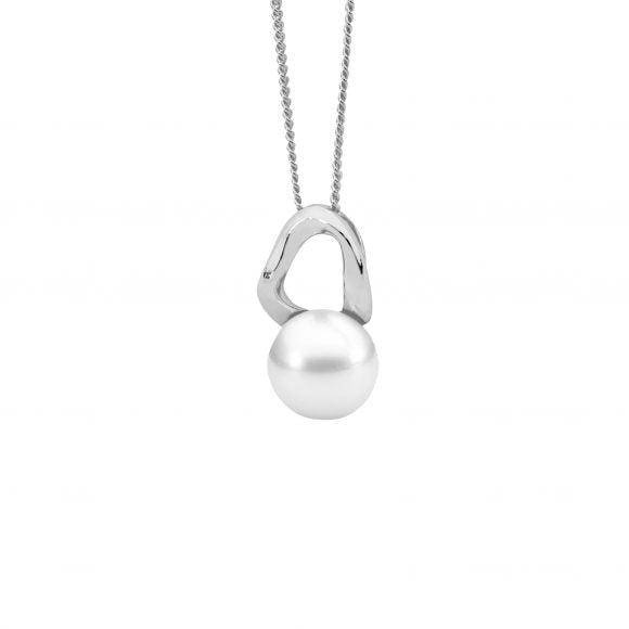 Sterling Silver Rhodium Plated Freshwater Pearl Wave Pendant