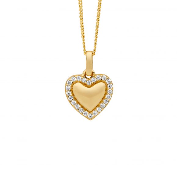 Sterling Silver Gold Plated Heart Pendant Set With Cubic Zirconias