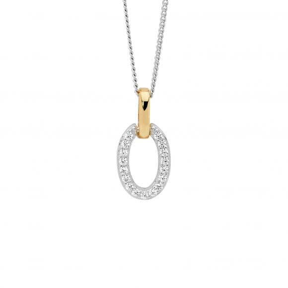 Sterling silver rhodium plated cubic zirconia open oval pendant with gold plated bail on a chain