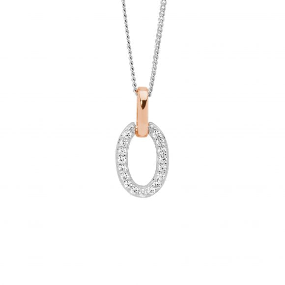 Sterling Silver Rhodium And Rose Gold Plated CZ Oval Pendant