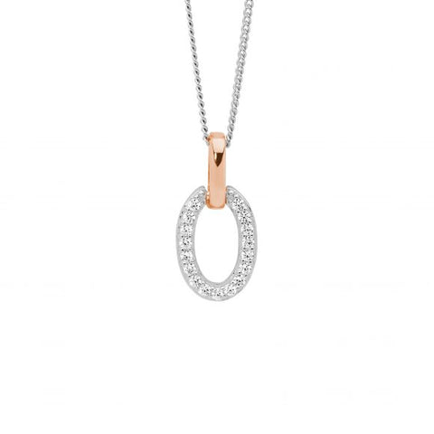 Sterling Silver Rhodium And Rose Gold Plated CZ Oval Pendant