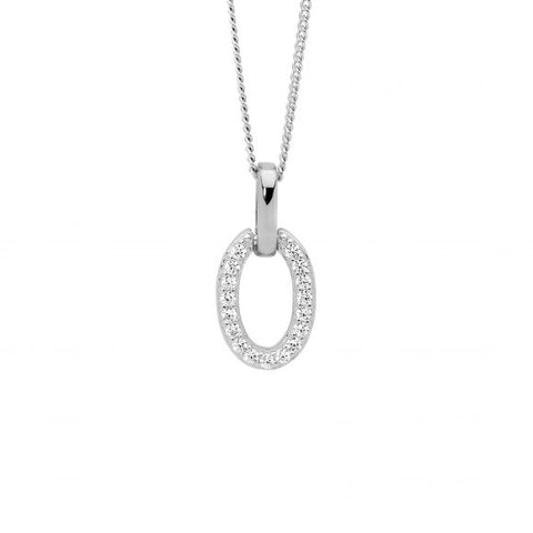 Sterling Silver Rhodium Plated Cubic Zirconia Open Oval Pendant