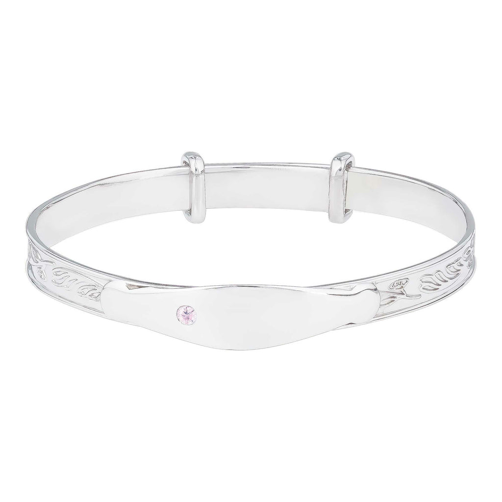 Sterling Silver Rhodium Plated Baby ID Bangle With Cubic Zirconia