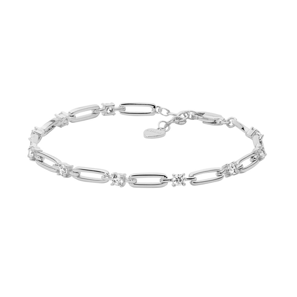 Sterling Silver Open Oval Link And Cubic Zirconia Bracelet