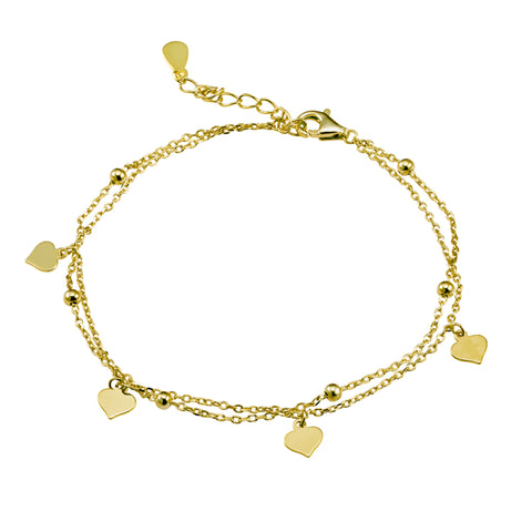 Sterling Silver Gold Plated Double Chain Bracelet Dangling Heart And Ball Detail