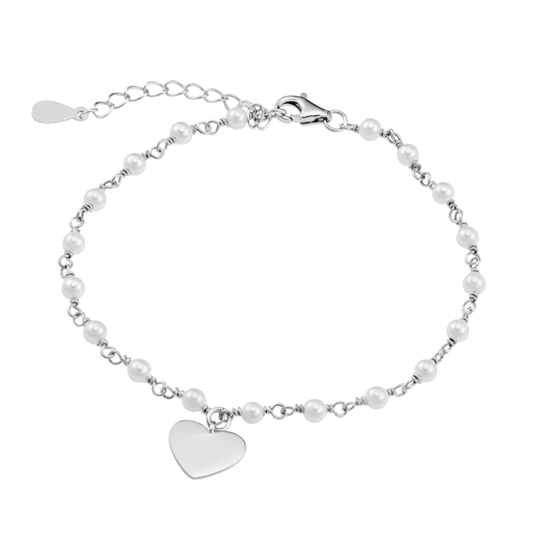 Sterling Silver Bracelet With Pearl Details And Flat Engravable Heart Disc