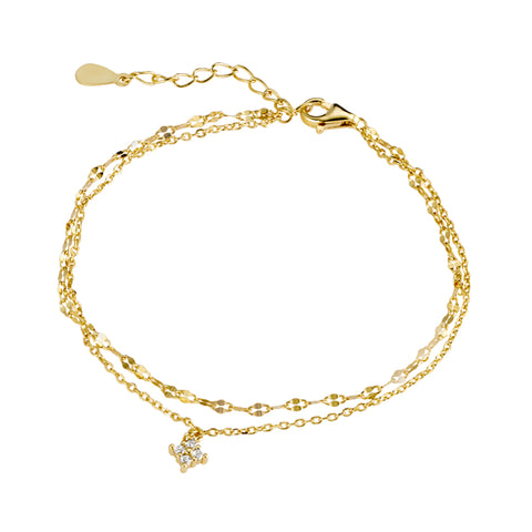 Sterling Silver Gold Plated Double Chain Bracelet With Cubic Zirconia Charm