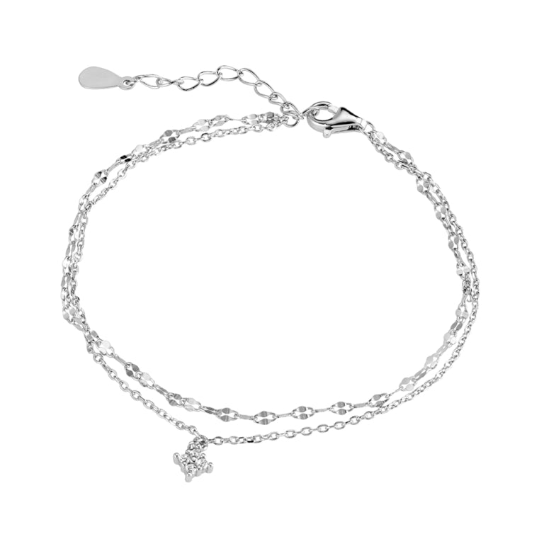 Sterling Silver Double Chain Bracelet With Cubic Zirconia Charm