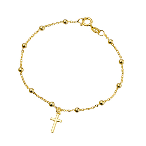 Sterling Silver Gold Plated Beaded Cable Chain Bracelet With Cross Pendant