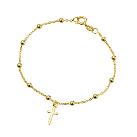 Sterling Silver Gold Plated Beaded Cable Chain Bracelet With Cross Pendant