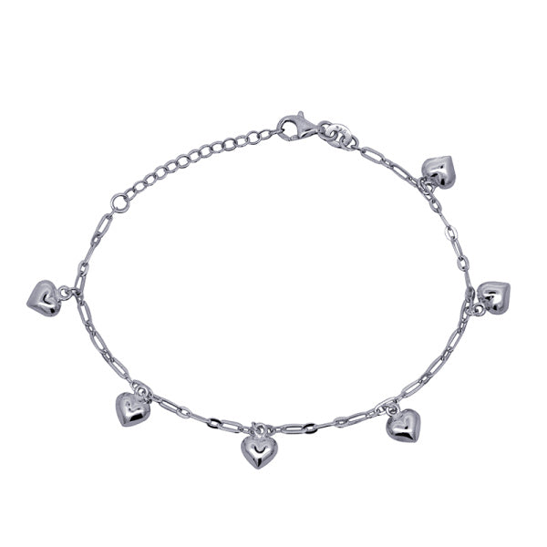 Sterling Silver Charm Bracelet With 6 Mini Puff Heart Charms