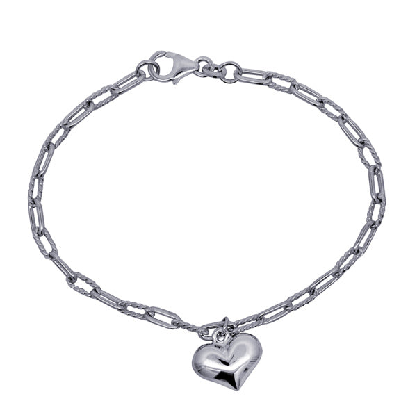 Sterling Silver Paperclip Link Charm Braclet With Puff Heart Charm