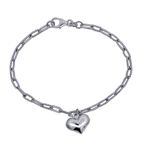 Sterling Silver Paperclip Link Charm Braclet With Puff Heart Charm
