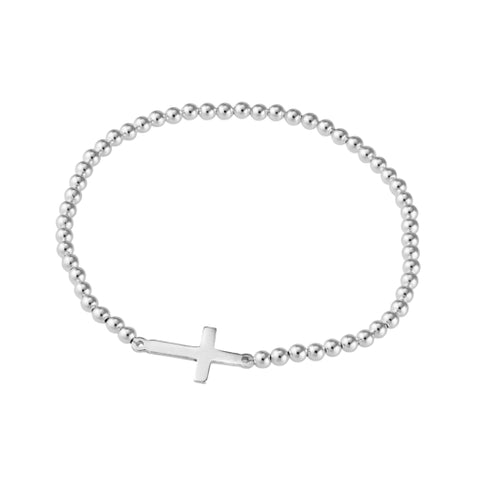 Sterling Silver Elastic Ball Bracelet With Cross
