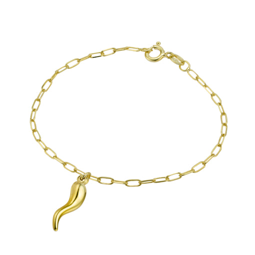 Sterling Silver Gold Plated Petite Paperclip Link Bracelet With Cornicello Charm