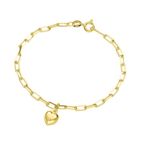 Sterling Silver Gold Plated Paperclip Chain Bracelet With Small Puff Heart Charm