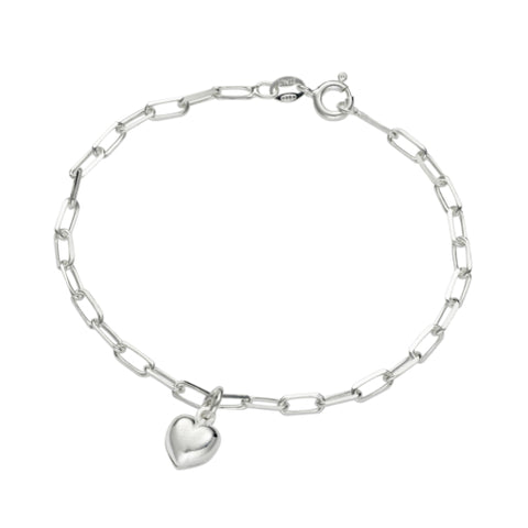Sterling Silver Paperclip Chain Bracelet With Small Puff Heart Charm