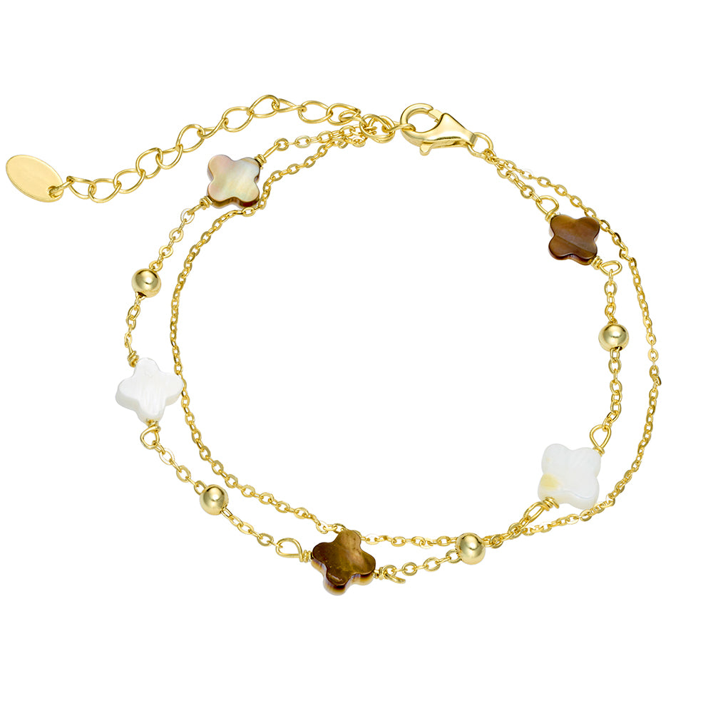 Sterling Silver Gold Plate Double Chain Flower Bracelet