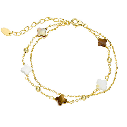 Sterling Silver Gold Plate Double Chain Flower Bracelet