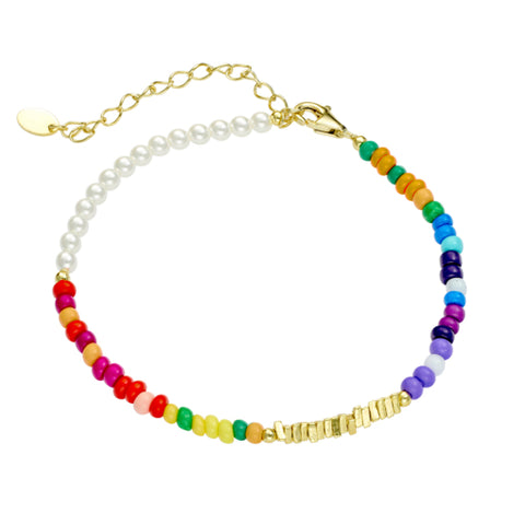 Sterling Silver Gold Plated Pearl & Multi-Colour Miyuki Bead Bracelet